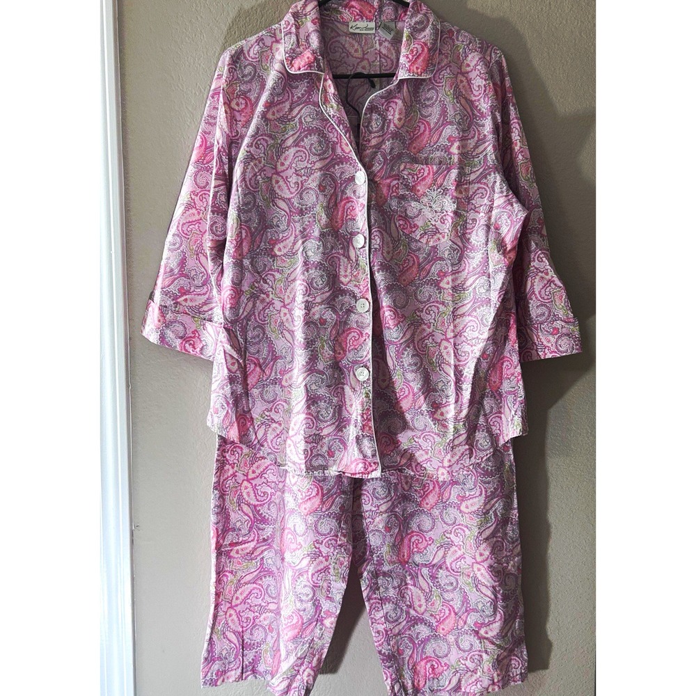 Kim Rogers Pink Paisley Cotton 2pc Pajama Set Collared Button Front L